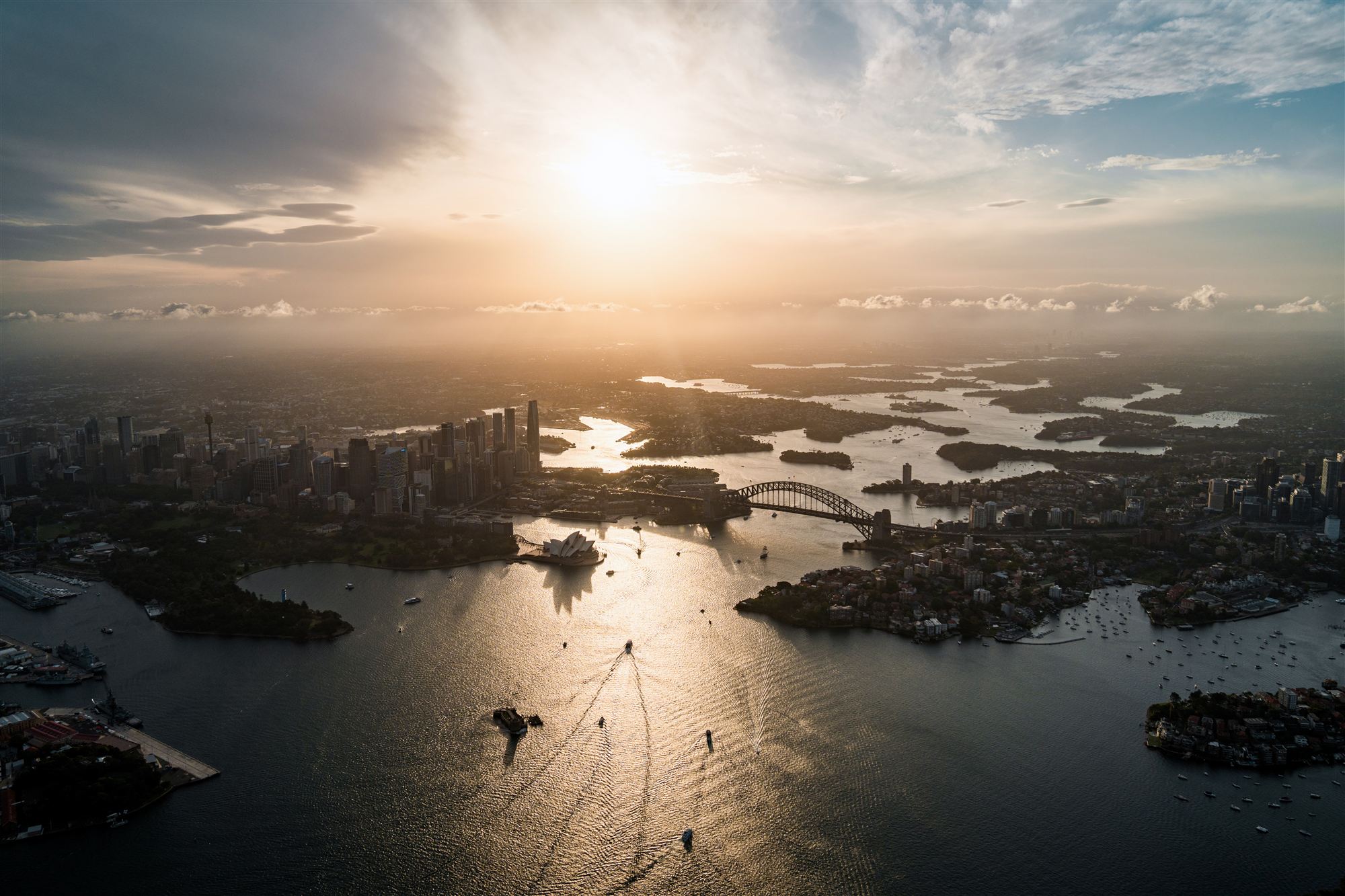 Aerial view of Sydney Harbour at sunset
